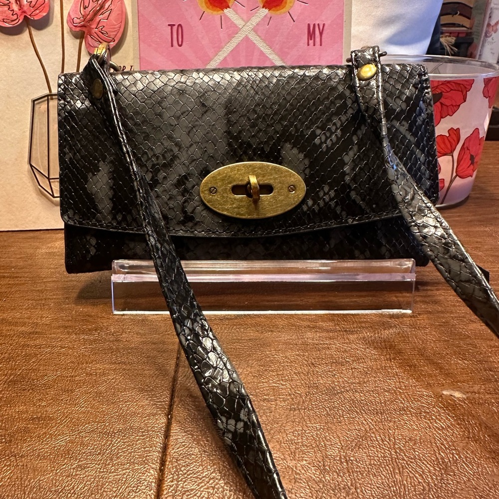 Clarks Snakeskin Print Black Leather Wallet Crossbody Bag